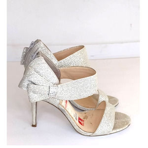 Nina Size 9 Silver Heels Glitter Sexy Sandals Rhinestones Bow 4" Spike Heels